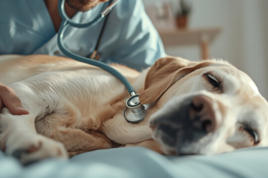 Vet examining a dog with a stethoscope, ensuring the pet's health and well-being. Close-up of compassionate veterinary care.