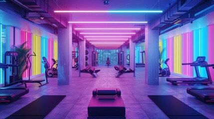 A colorful and vibrant gym with neon lights and fitness equipment.