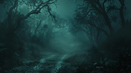 Obraz premium A mysterious and eerie path through a dense, fog-filled forest. The trees are shrouded in darkness, creating a sense of mystery and danger.