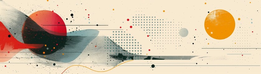 Abstract art with red, orange, and blue shapes on a white background.