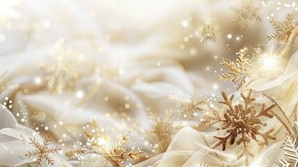 Abstract Christmas background with gold snowflakes and shimmering lights on white fabric.