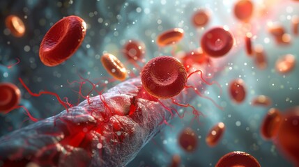 A microscopic view of red blood cells flowing through a blood vessel.