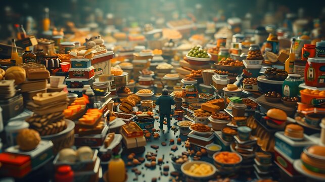 Up32K HD 3D render of a Pica syndrome man amidst a vast hoarded food collection, consuming peculiar items, providing a hyper-realistic depiction of the disorder's unique and challenging aspects.