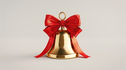 Golden Christmas bell with red ribbon on white background