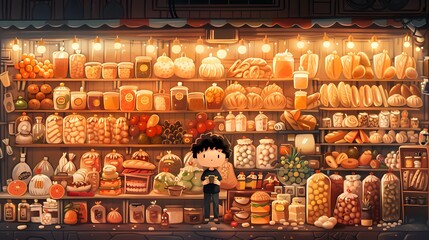 Cute chibi art of a man with Pica syndrome, surrounded by a huge hoard of food, consuming unusual items.