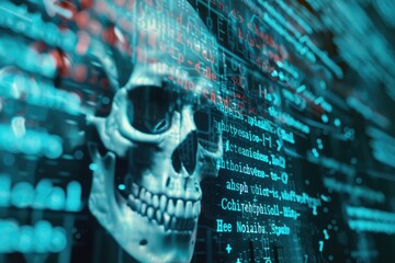 Computer code on a screen with a skull representing a computer virus   malware attack.
