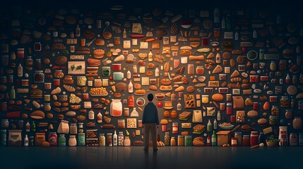 Detailed ultra HD comics depicting a Pica syndrome man amidst a cluttered hoard of food, consuming peculiar items, emphasizing the disorder's unusual behaviors and chaotic environment.