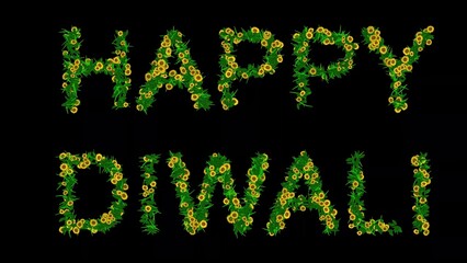 Happy Diwali text with green leaves and yellow daisy flowers on plain black background