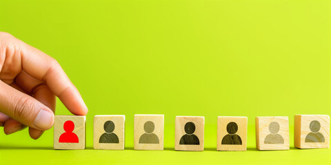 A hand placing a wooden block featuring a human icon on a green background, representing the concept of recruitment and HR management.