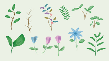 Enchanted garden: watercolor leaves and flowers vector set