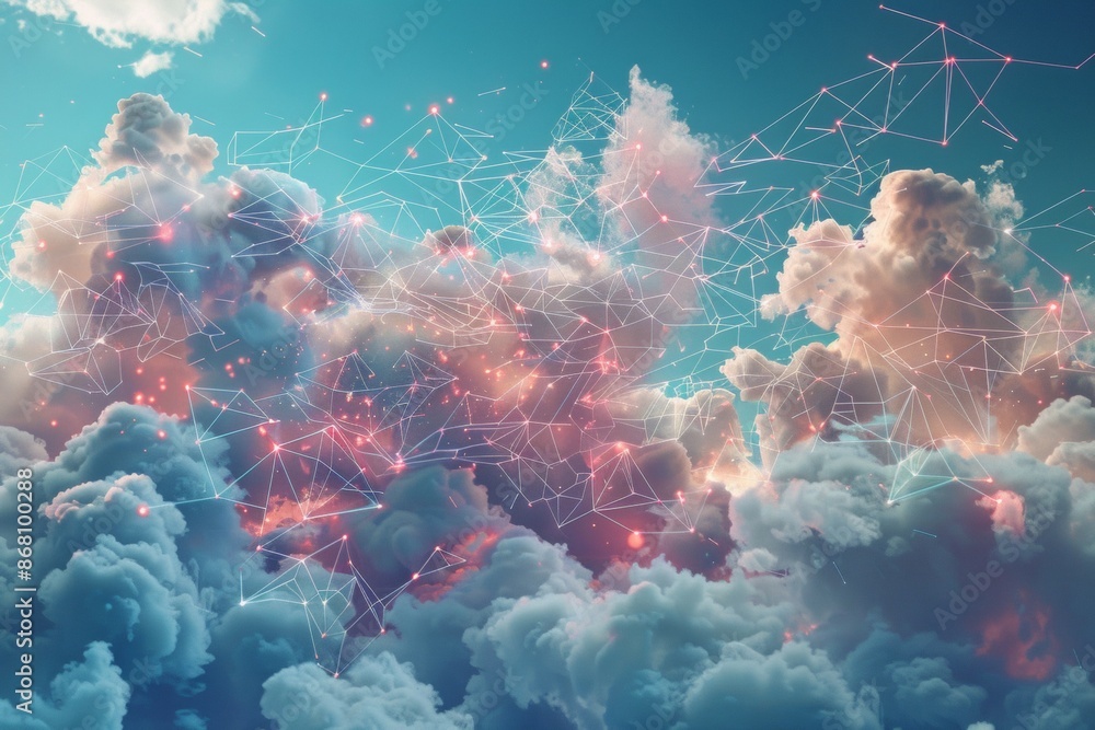 Poster fluffy, stylized clouds morphing into servers and network diagrams, a playful take on cloud computin