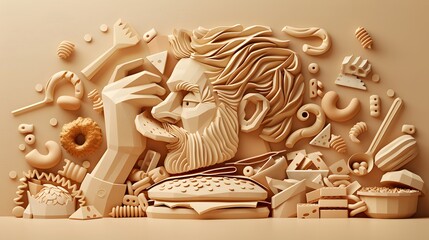 Papercraft cut of a man with Pica syndrome eating food, surrounded by a hoard of food. Hyper-realistic illustrations.
