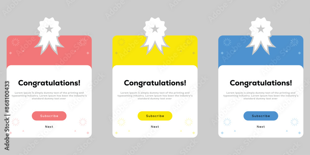 Aufkleber success pop up notification icon. congratulation flash message sign. success popup window ui design