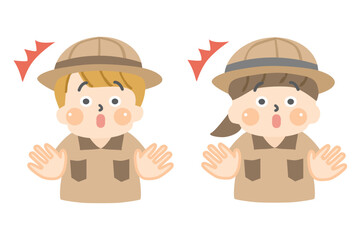 驚いた表情の探検服を着た子供達