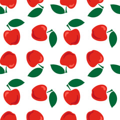 Seamless pattern with red ripe apples and leaves on a white background. .
