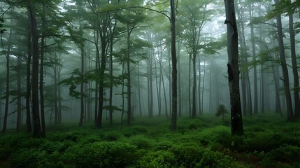 Fototapeta premium Mystical Emerald Forest Shrouded in Misty Atmosphere