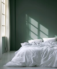 A serene minimalist bedroom with a green wall and white bedding
