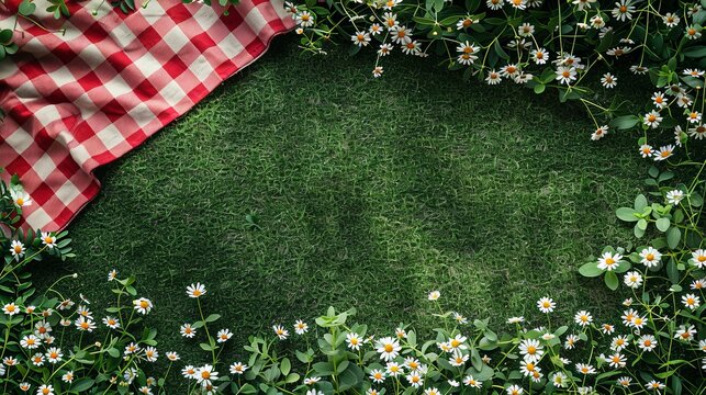 Red picnic blanket with empty basket on green grass ,Red checkered picnic cloth on a meadow,space for text,top view.