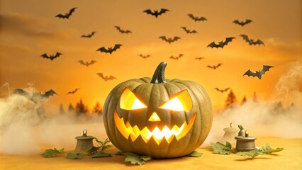 Halloween night scene with a 3D pumpkin, glowing eyes, and bats flying through a foggy graveyard