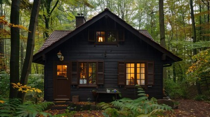 cottage in the woods with dark chocolate brown Bahama shutters, blending into the natural surroundings