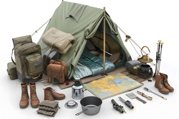 3d animation Camping Adventure Equipment and Gear Essential, Comprehensive out door