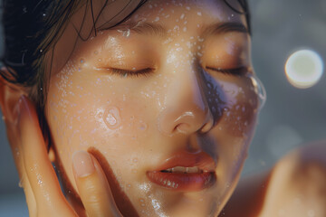 Obraz premium Close-Up Portrait of South Korean Woman Applying Acai Berry Extract, Morning Light
