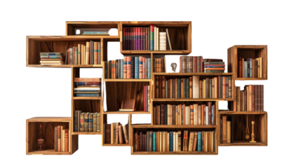 Wooden book shelve with a lot of books in it on transparent background