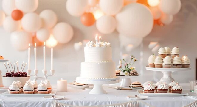 A birthday or celebration with a cake, cupcakes, candles and balloons in a delicate color. A festively decorated room.