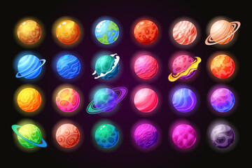 Space icon cartoon gloving planets. Galaxy elements, Earth and moon, universe different planets. Game sticker set, element gradient, color star, purple design. Vector UI fantasy cosmos garish sky