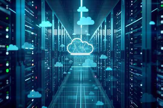 Chief Technologies Officer in a modern data warehouse. SaaS and cloud computing icons. Soft blue gradient background.