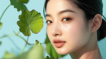 Confident Asian Woman with Healing Centella Asiatica Extract, Skincare Beauty