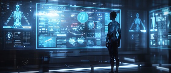 Fototapeta premium AI doctor, holographic medical records, futuristic clinic, digital health consultation
