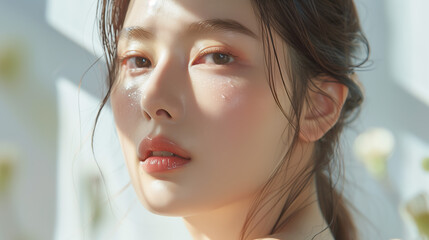 Skincare Beauty: Korean Model Glowing with Green Tea Extract Clarity