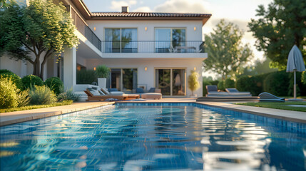 Fototapeta premium Suburban home with a welcoming pool situated in the front area