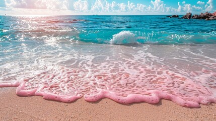 Fototapeta premium Soft beautiful ocean wave with pink sea on sandy beach and shell in summer time.vacation beach Background,top view.