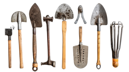 Set of gardening tools on transparent background