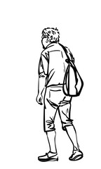 An elderly man walking with a backpack hanging on one shoulder, View from back, Hand drawn illustration, Vector sketch of city dweller isolated