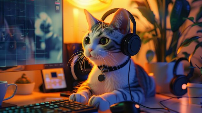 A cat works like a human being at a call center.