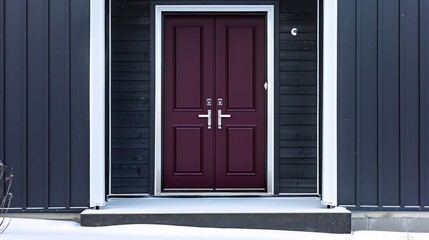 deep burgundy door with satin finish and silver hardware on a modern black house, luxurious and warm against the winter white