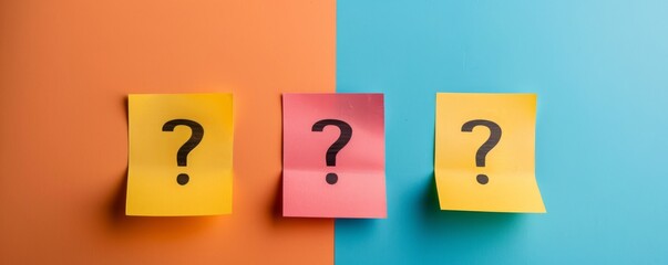 Three sticky notes with question marks on a colorful background