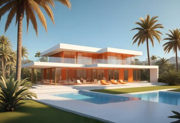 Fototapeta premium A modern, minimalist house with a flat roof, large windows, and palm trees in the background on a blue background