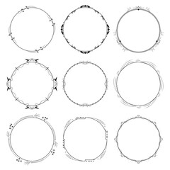 Set Abstract Collection Black Simple Line Round Circle With Leaf Leaves Frame Flowers Doodle Outline Element Vector Design Style Sketch Isolated Illustration For Wedding And Banner