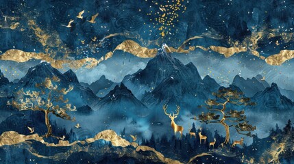 Fototapeta premium Luxurious wallpaper with contemporary designs Blue decorated with dark gold.
