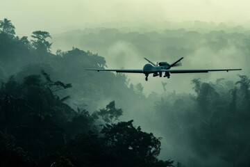 Fototapeta premium A combat drone patrolling a heavily contested border, sensors scanning for potential threats