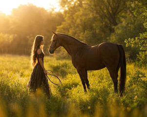 Equestrian girl with her horse in a cinematic sunlight environment 