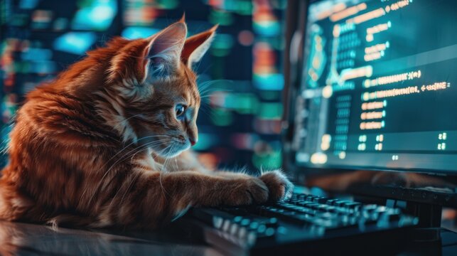 A clever cat makes a living as a computer hacker.