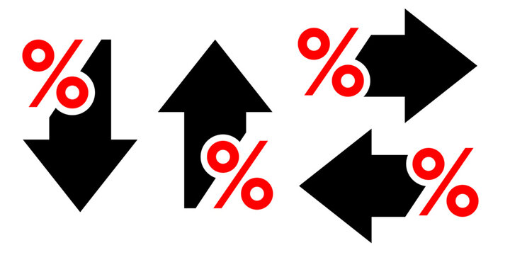 Percentage with arrow up, down, left and right line icon. Percentage arrow with percent sign. Design concept for banking, credit, interest rate, finance and money increase and decrease.
