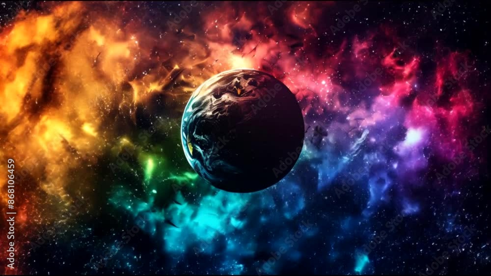 Canvas Prints a planet with a rotating rainbow color nebula background