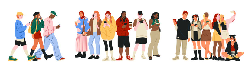 People with phones. Modern persons call. Mobile chatting. Young friends community. Happy men and women use smartphones. Casual students walk. Gadgets user. Camera selfie. Characters groups vector set