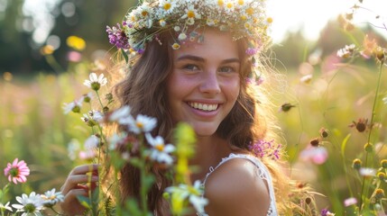 portrait happy woman picking up flowers make traditional midsummer crown